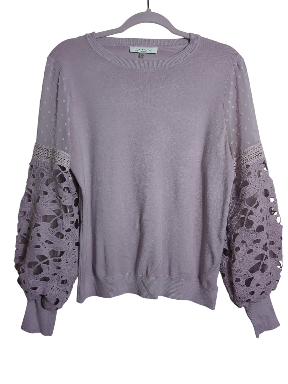 Sioni Milano Lavender Lace Balloon Sleeve Crew Neck Sweater Large Boho Romantic